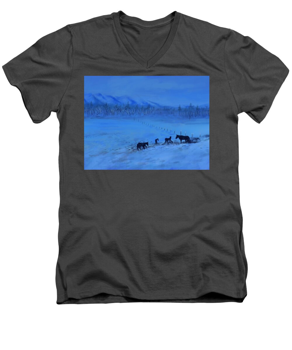 Horses Men's V-Neck T-Shirt featuring the digital art Horses In The Snow by Larry Whitler