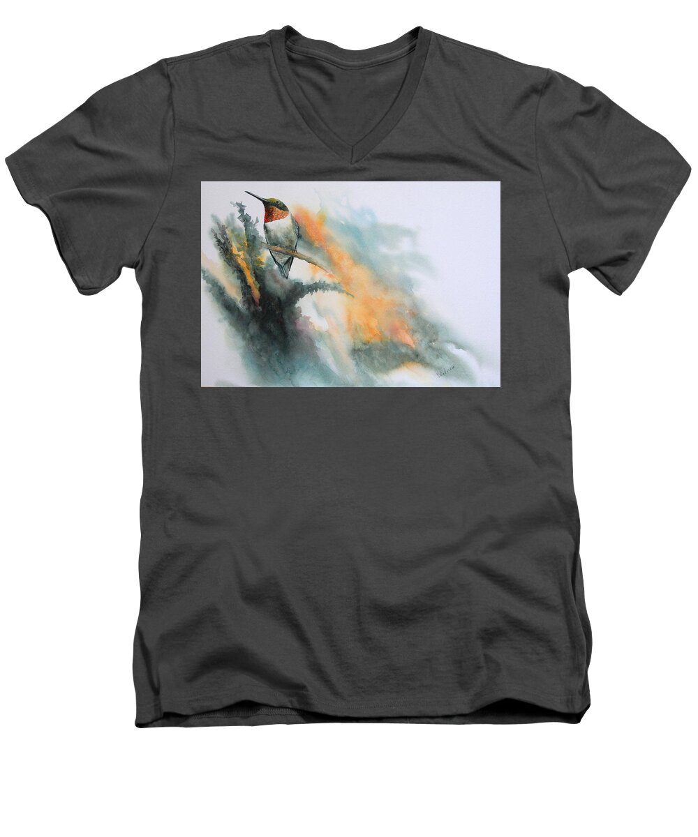 Humming Bird Men's V-Neck T-Shirt featuring the painting Shimmering Hummer by Mary McCullah