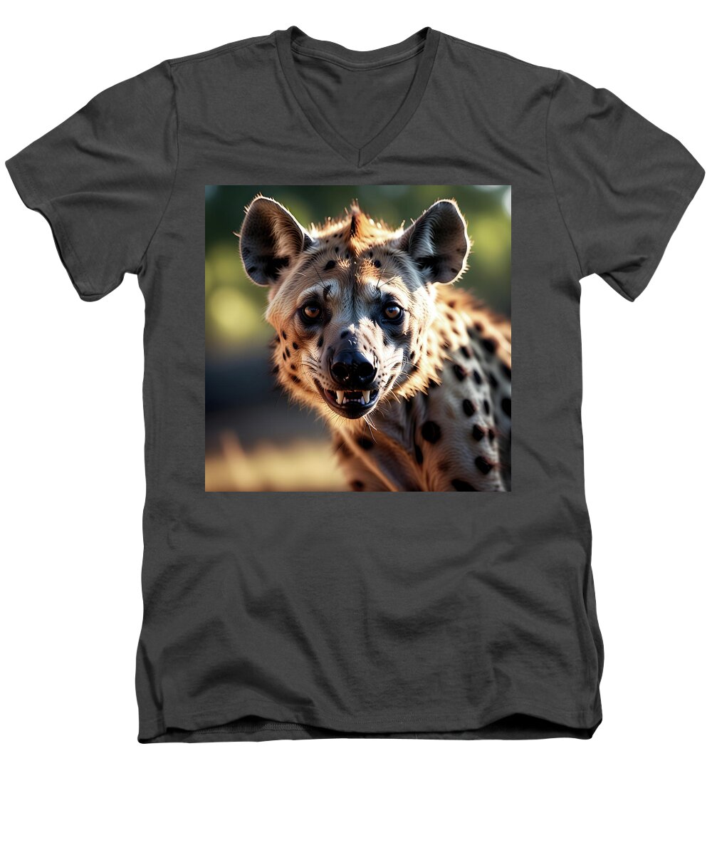 Hyena Men's V-Neck T-Shirt featuring the digital art Hyena portrait shown close-up.  by Ray Shrewsberry