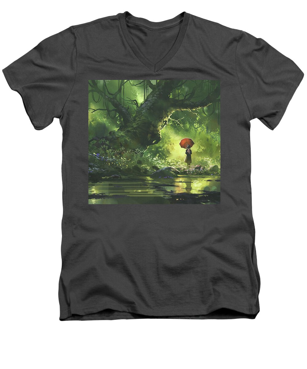 Illustration Men's V-Neck T-Shirt featuring the painting I'm waiting for you in the beautiful place by Tithi Luadthong