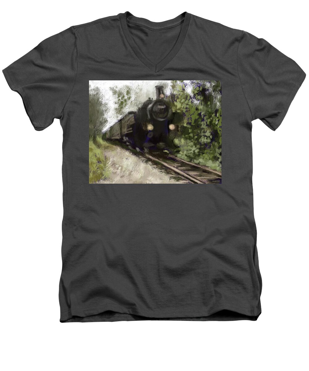 Train Men's V-Neck T-Shirt featuring the painting Impressionistic Railroad by Larry Whitler