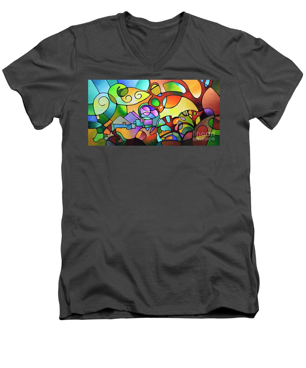 Abstract Men's V-Neck T-Shirt featuring the painting Into the Day by Sally Trace
