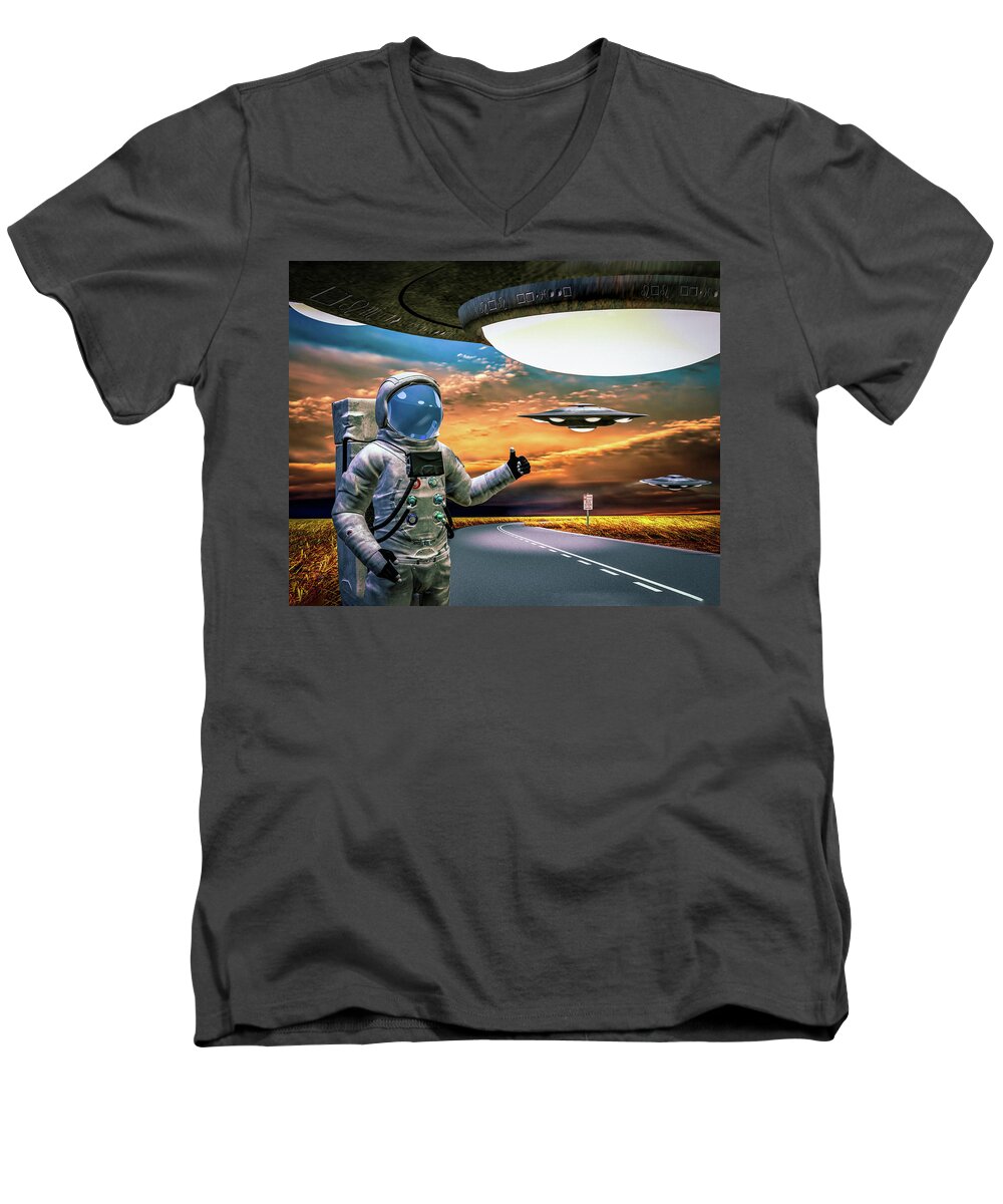 Astronaut Men's V-Neck T-Shirt featuring the digital art Ironic Number Four - Hitchhiker by Bob Orsillo