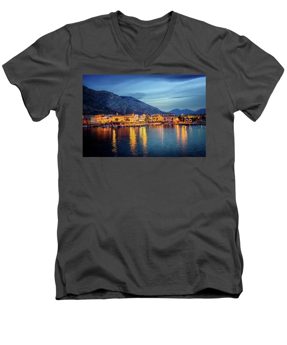 Sicily Men's V-Neck T-Shirt featuring the photograph Isola delle Femmine Harbour by Ian Good