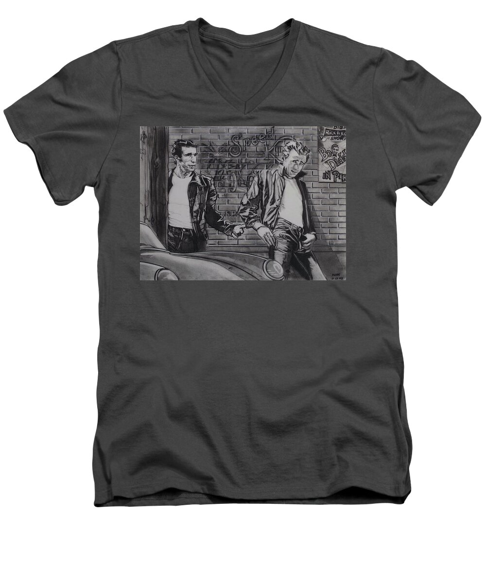 Charcoal Pencil On Paper Men's V-Neck T-Shirt featuring the drawing James Dean Meets The Fonz by Sean Connolly