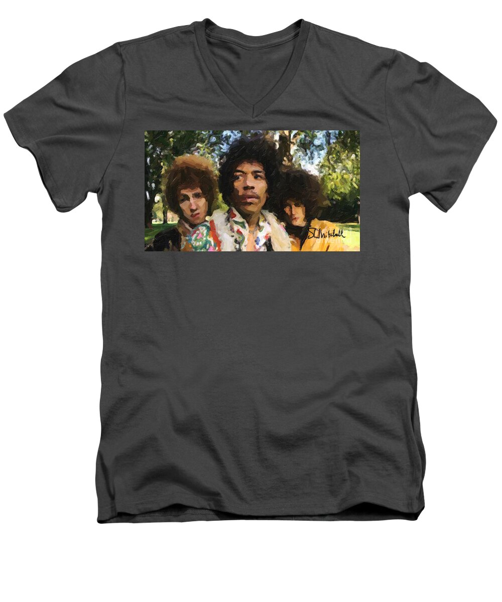 Jimi Hendrix Men's V-Neck T-Shirt featuring the painting Jimi Hendrix Experience #1 by Steve Mitchell