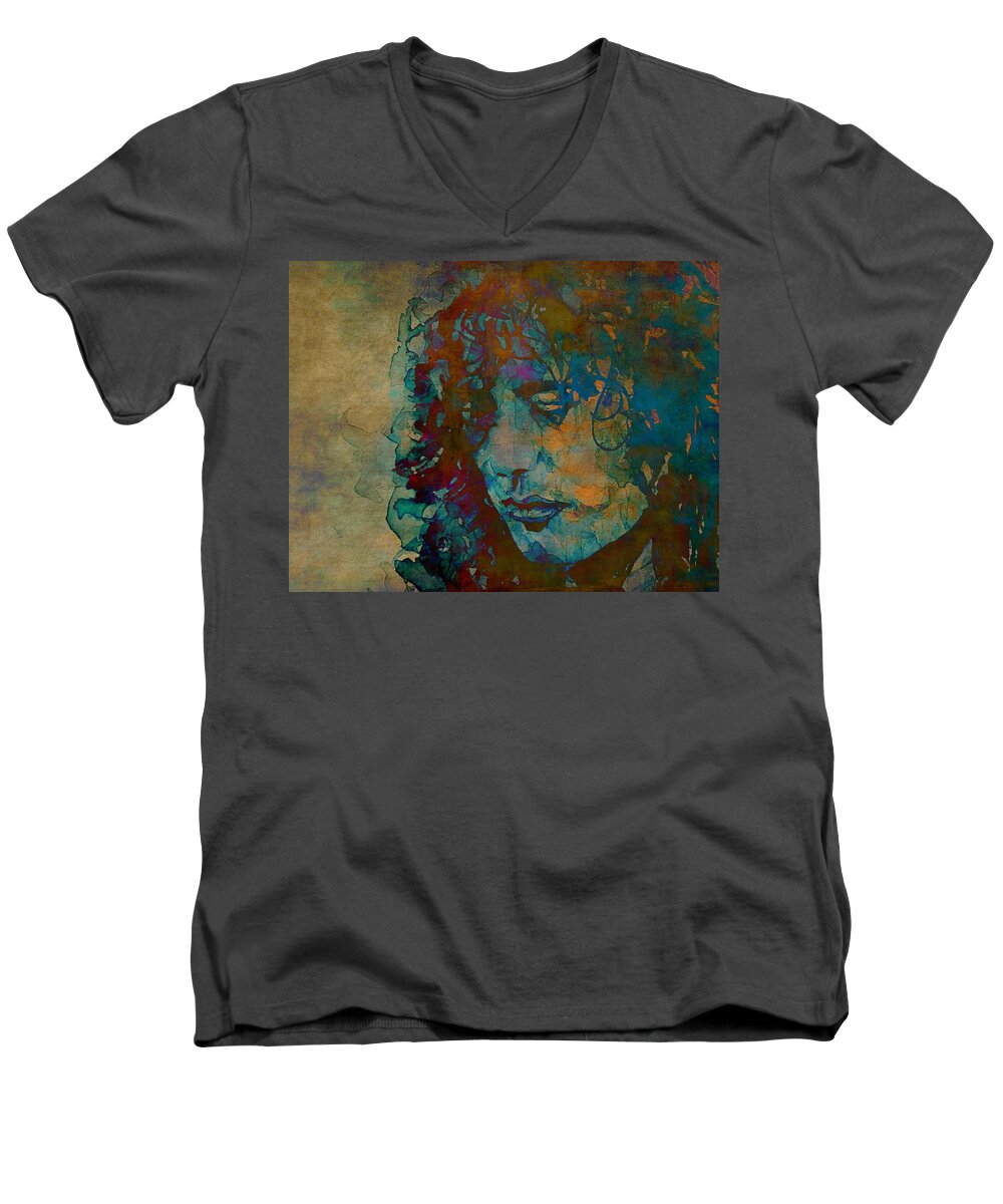 Jimmy Page Art Men's V-Neck T-Shirt featuring the mixed media Jimmy Page - Retro by Paul Lovering