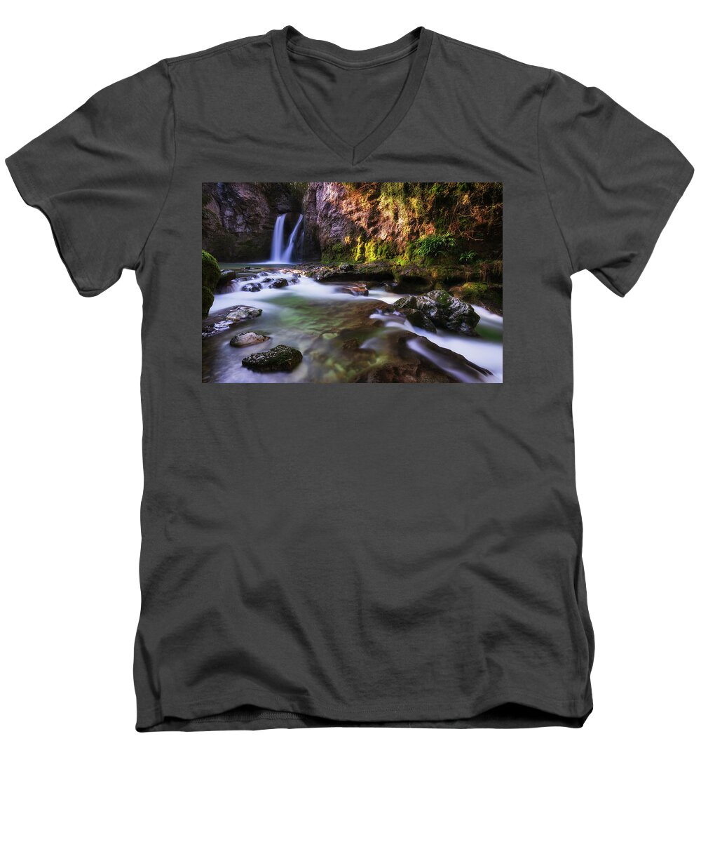 A Lovely Waterfall In The Countrside Men's V-Neck T-Shirt featuring the photograph La Tine de Conflens by Dominique Dubied