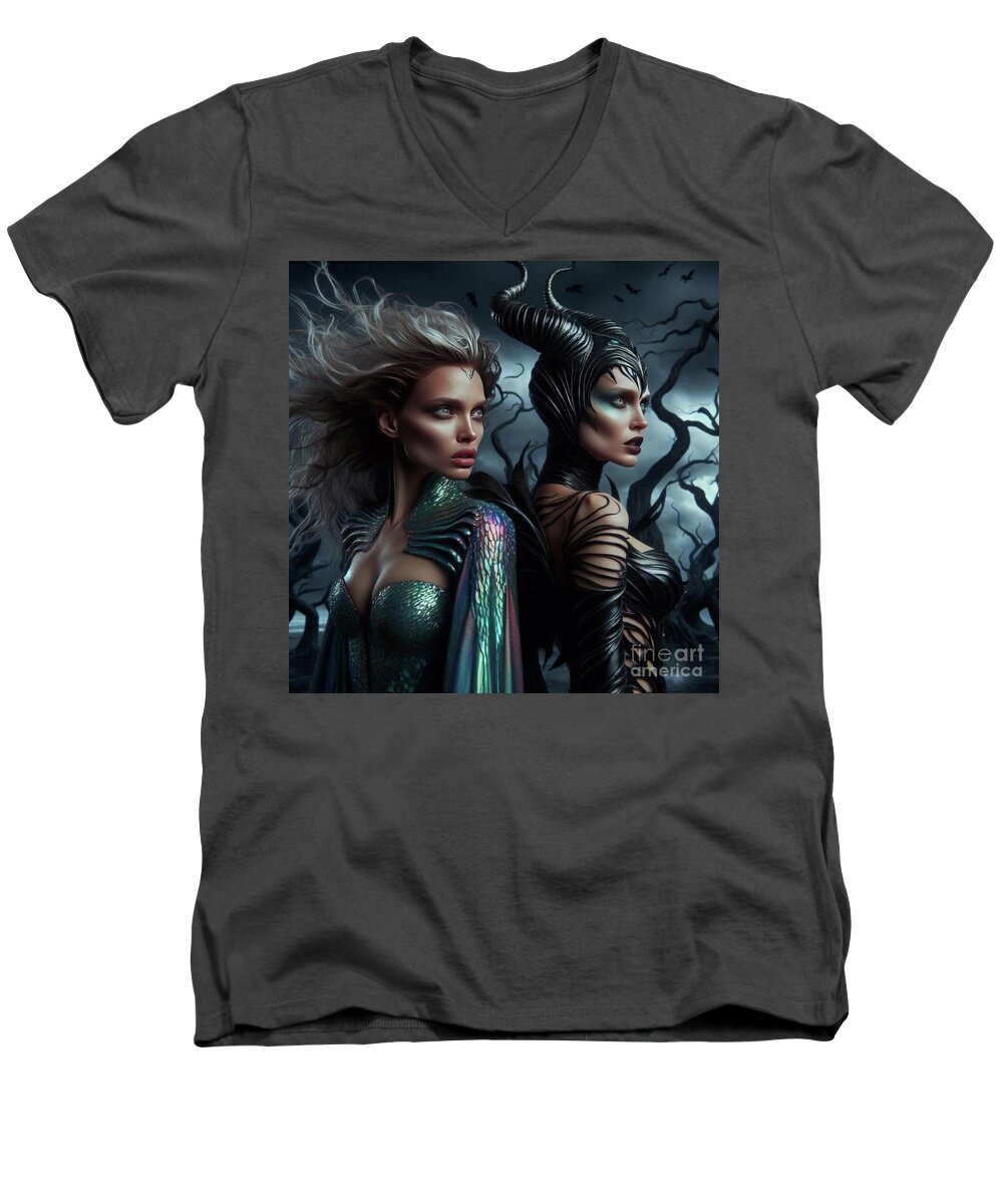 Hyper Realistic Infinity Detailed Trio Of Intricately Designed Beautiful Jellyfish Gracefully Swimming Swirling Around With Their Long Men's V-Neck T-Shirt featuring the digital art Ladies Of The Mysterious Kind 20 GP by Bob Christopher