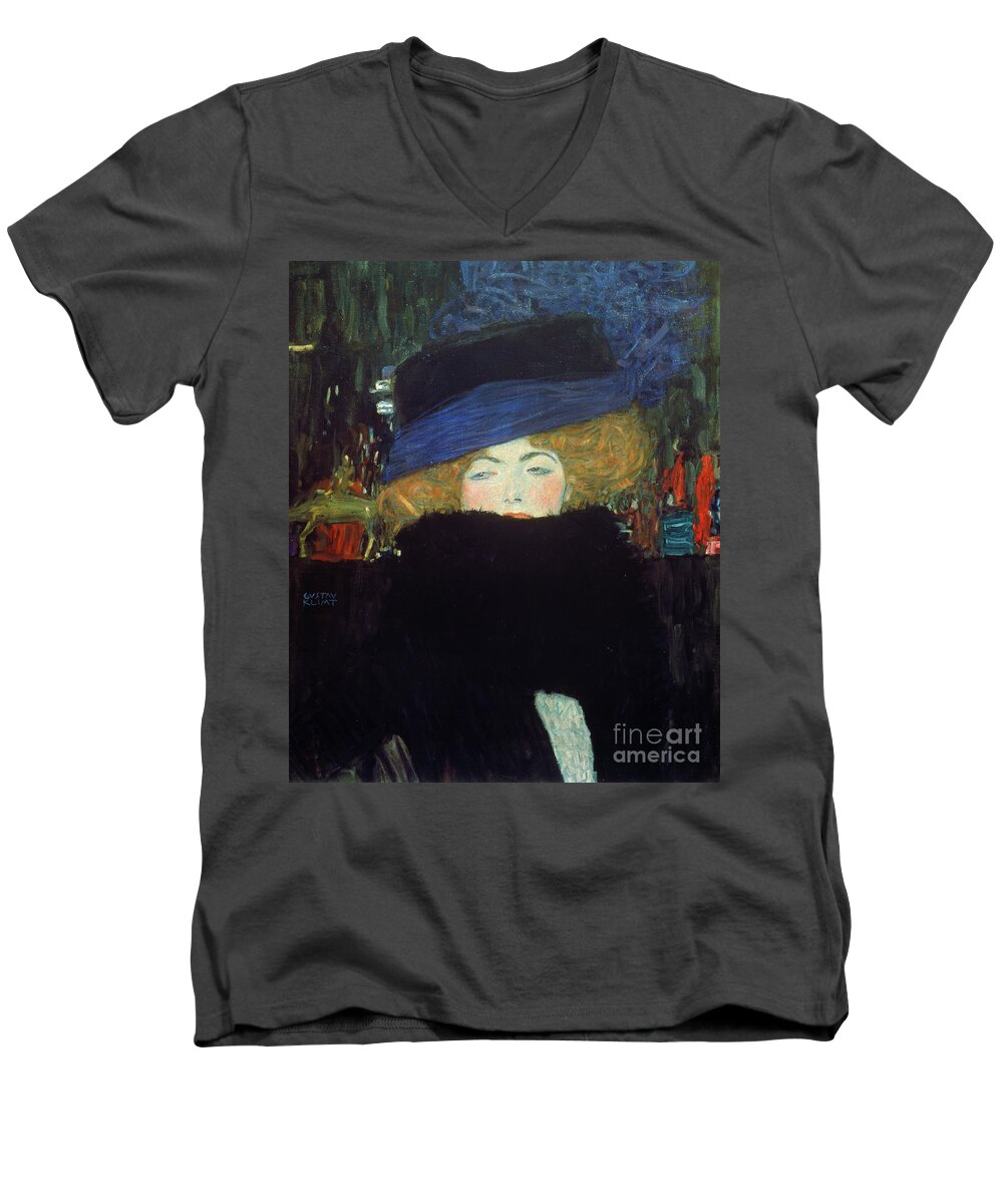 Klimt Men's V-Neck T-Shirt featuring the painting Lady with a hat and a feather boa by Gustav Klimt