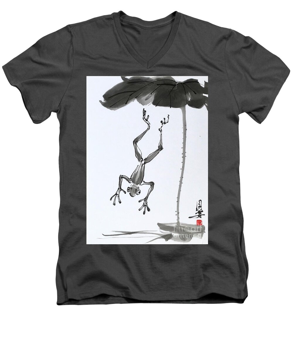 Japanese Men's V-Neck T-Shirt featuring the painting Leaping Flog by Fumiyo Yoshikawa