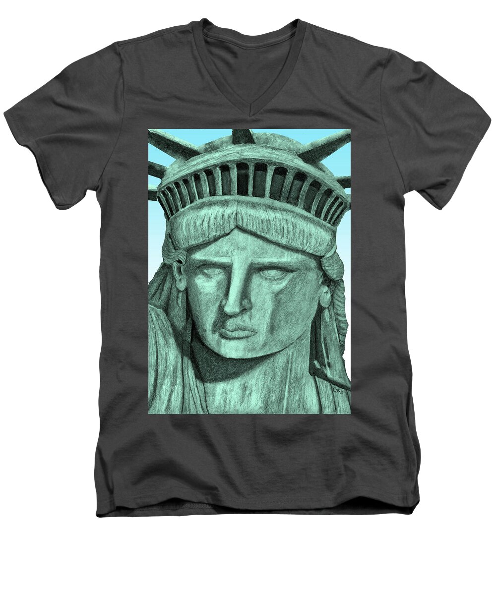 Statue Of Liberty Men's V-Neck T-Shirt featuring the drawing Liberty Close Up by Terry Cork