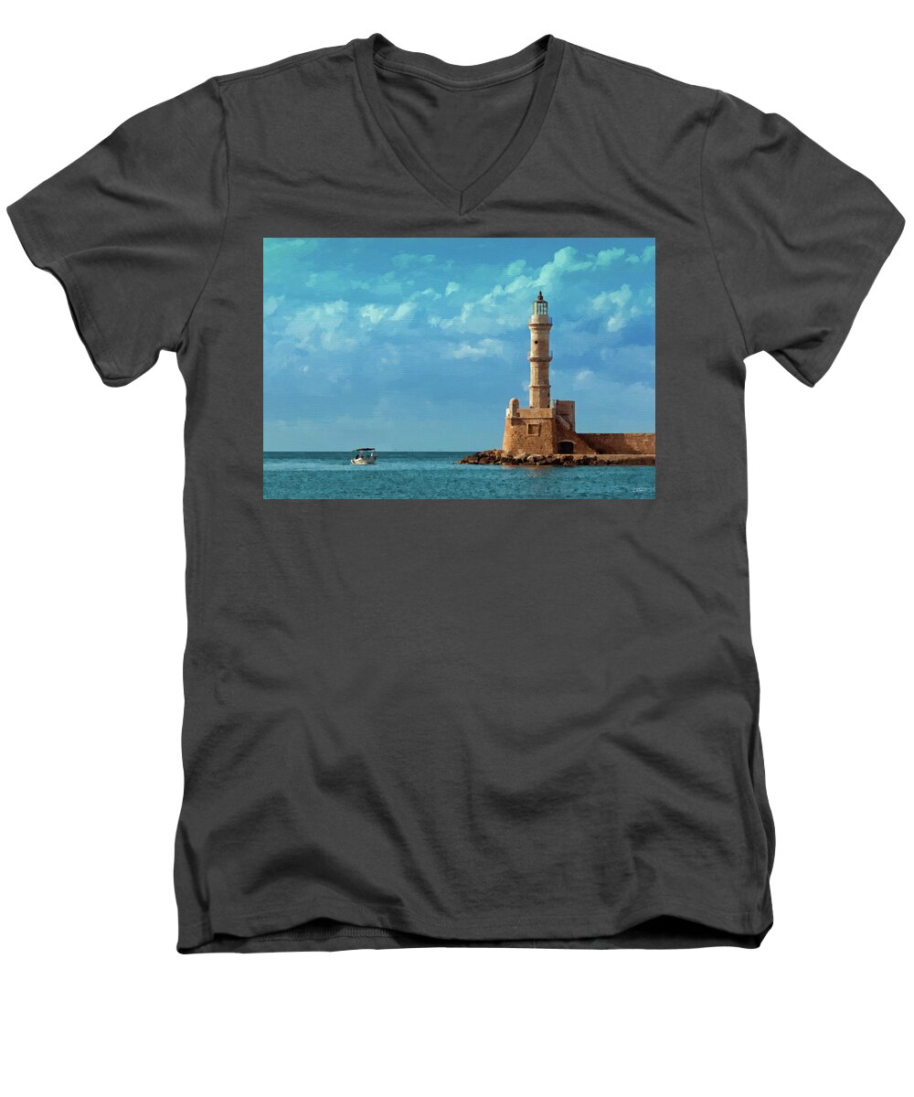 Landscape Men's V-Neck T-Shirt featuring the painting Lighthouse Old Venetian Harbor Chania Crete - DWP2104591 by Dean Wittle