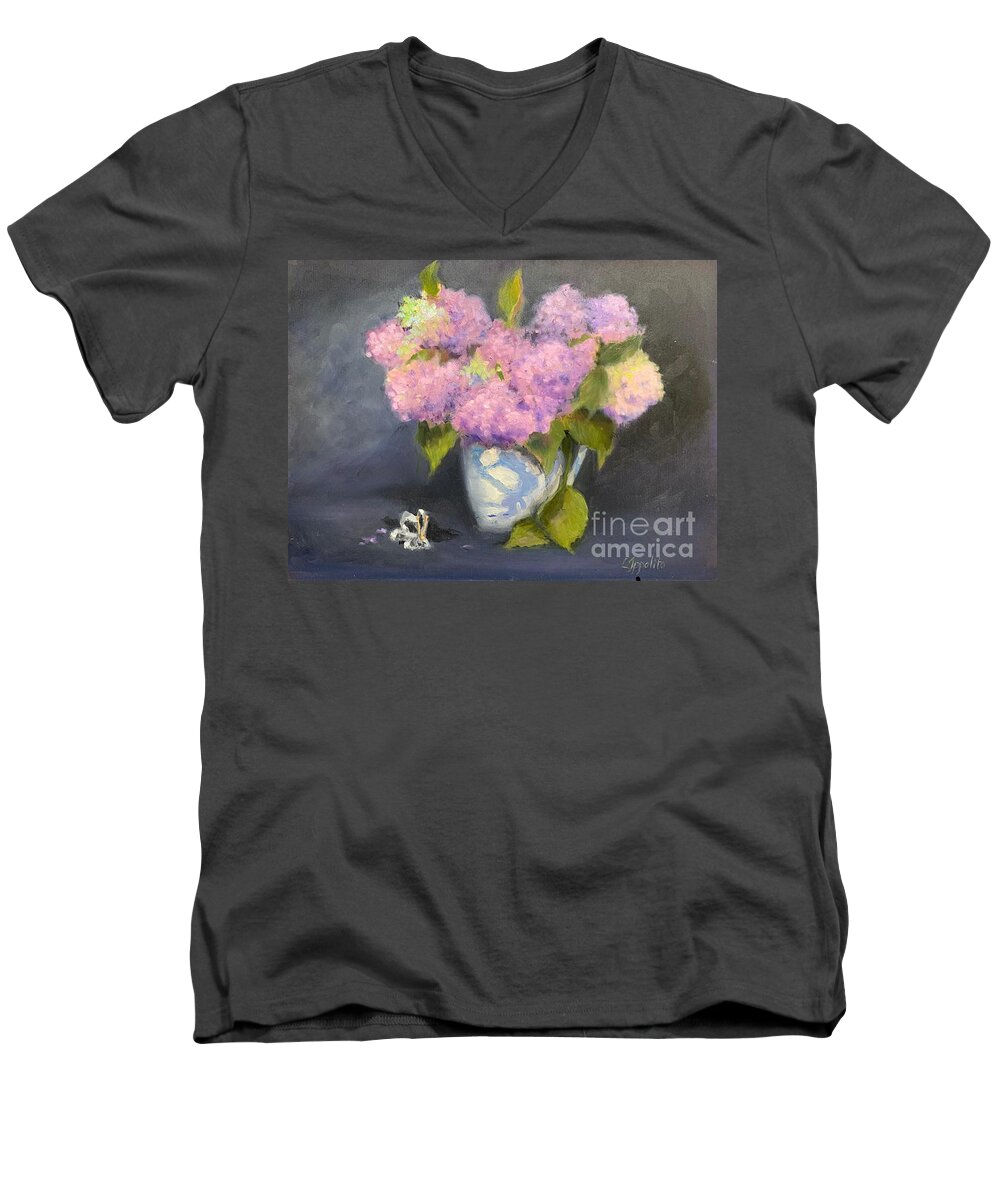 Floral Painting Men's V-Neck T-Shirt featuring the painting Lilacs and butterfly by Lori Ippolito