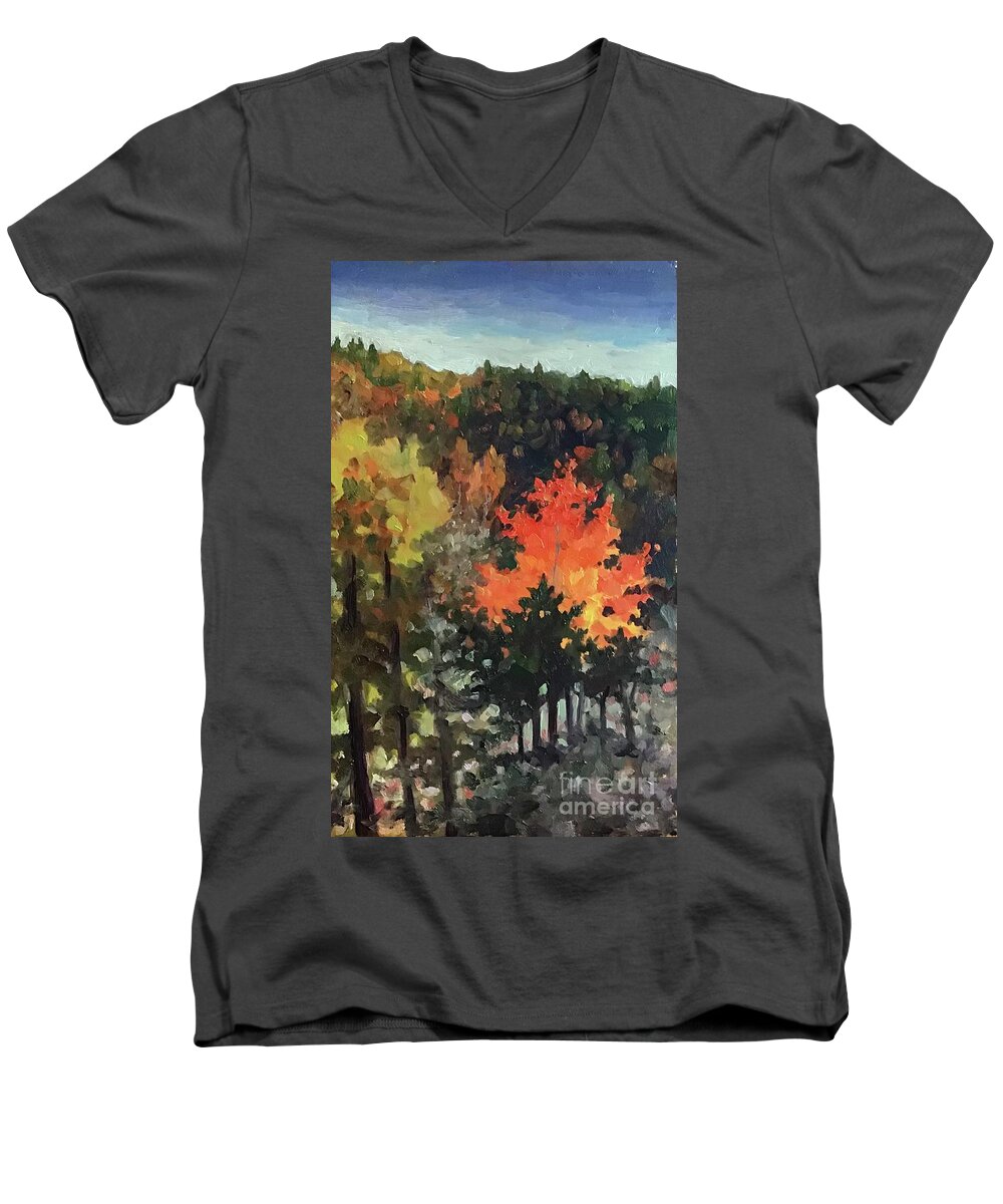 Fall Men's V-Neck T-Shirt featuring the painting Linville Glow by Anne Marie Brown