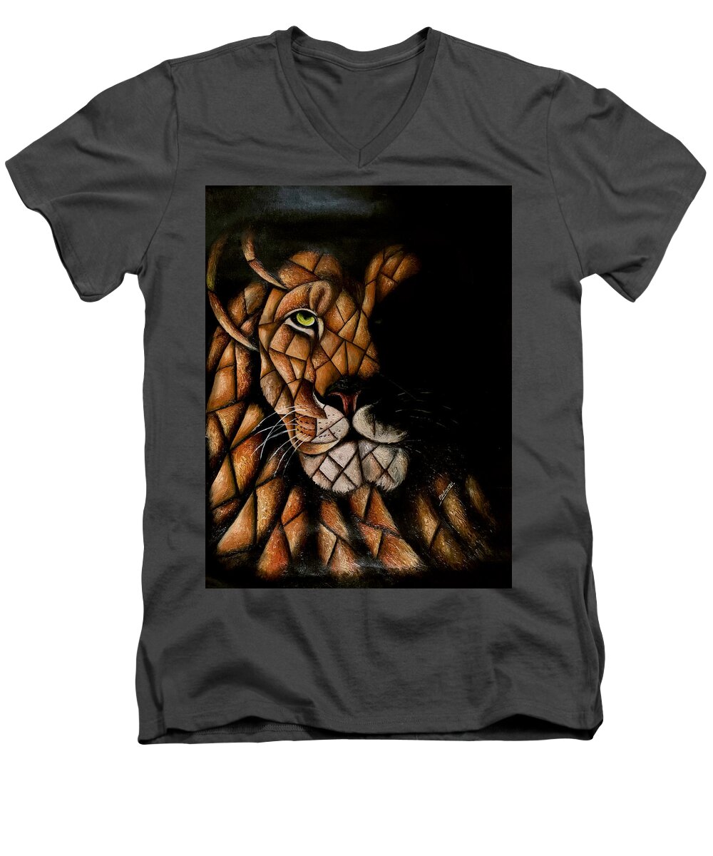 Africa Men's V-Neck T-Shirt featuring the painting Lion Shade by Peter Ndirangu