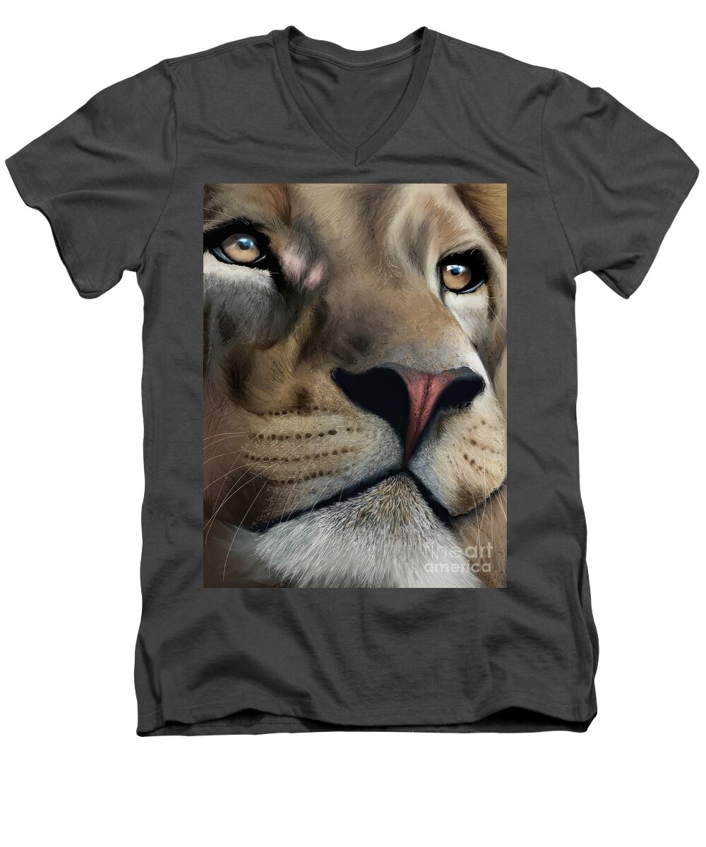 Animal Men's V-Neck T-Shirt featuring the digital art Lion study 1 by Darren Cannell