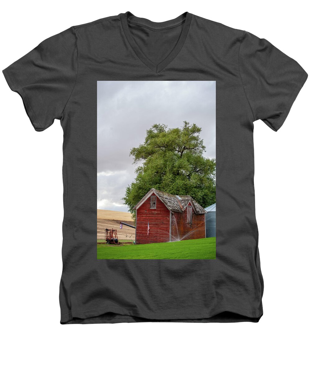 Outdoors Men's V-Neck T-Shirt featuring the photograph Little Red Barn by Doug Davidson