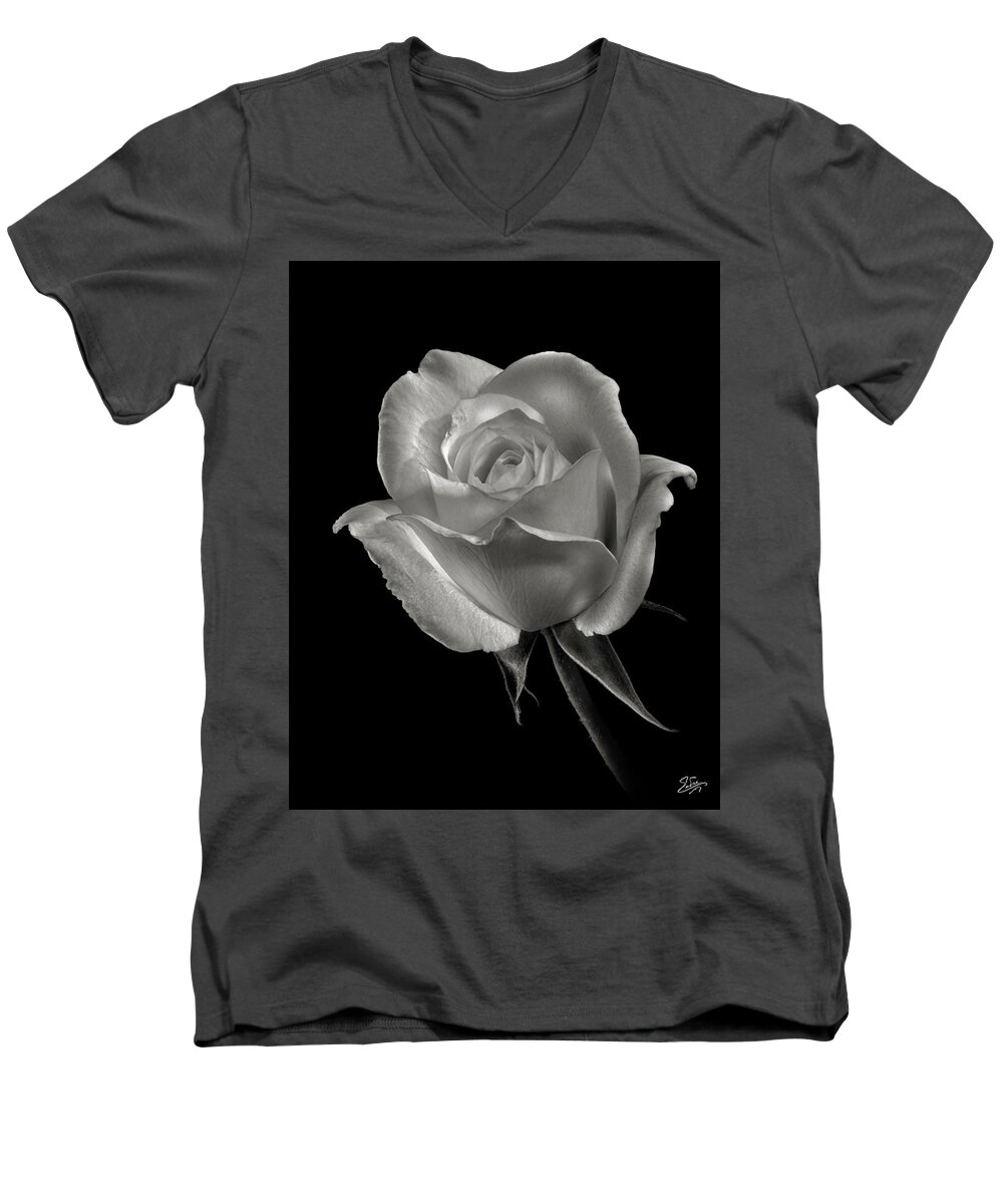 Flower Men's V-Neck T-Shirt featuring the photograph Little White Rose in Black and White by Endre Balogh