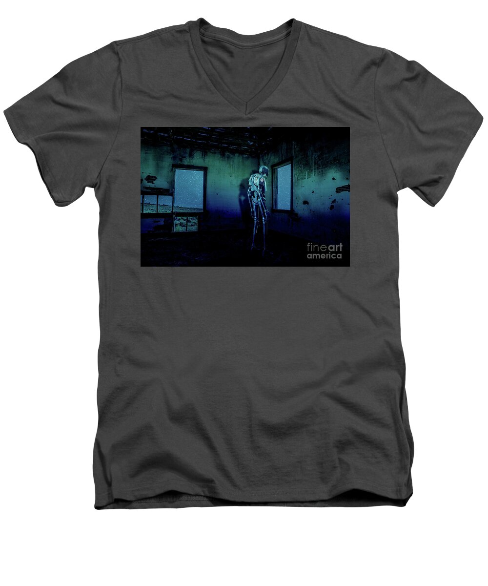 Sci-fi Men's V-Neck T-Shirt featuring the digital art Lonely Robot 2 by Edward Fielding