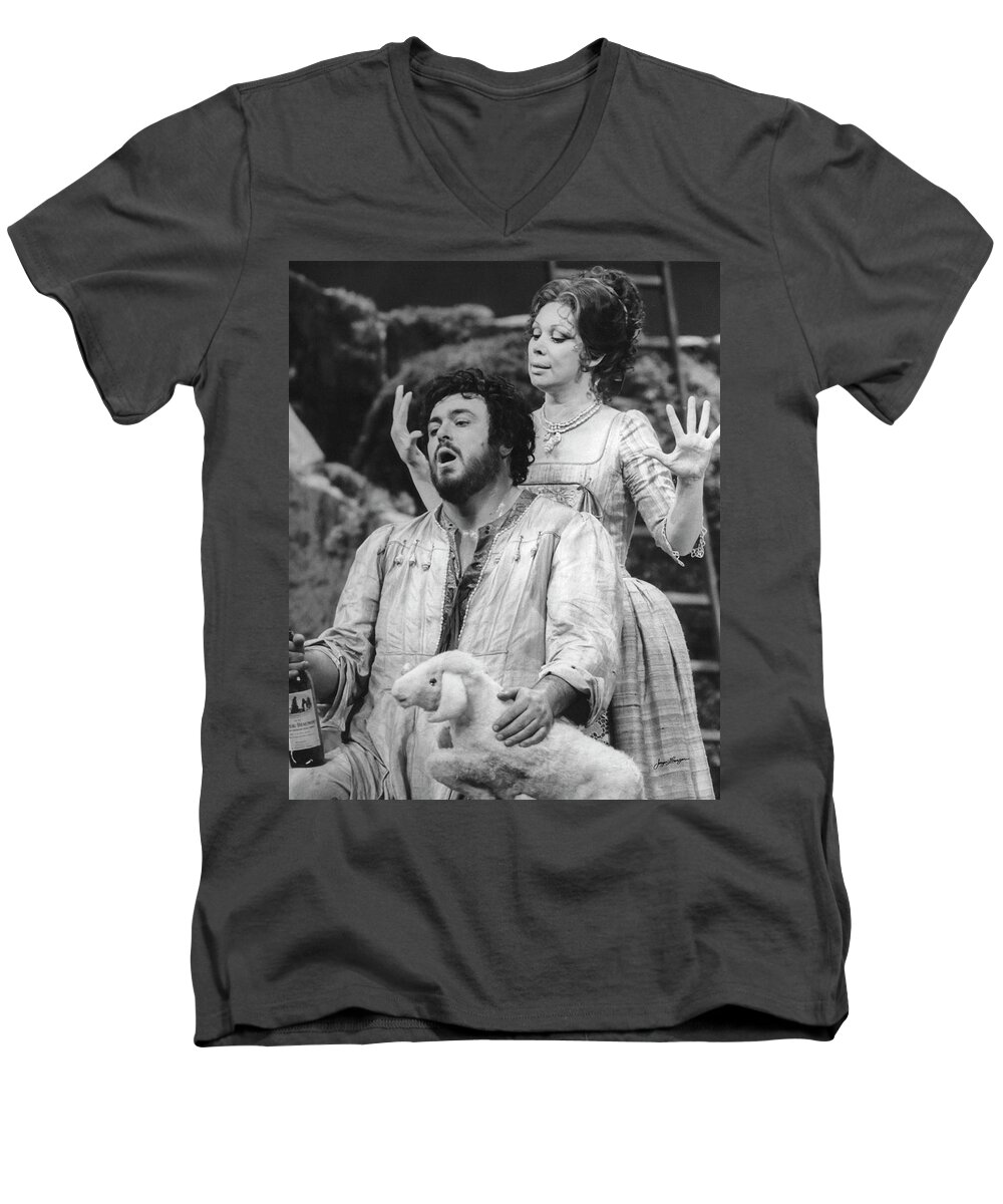 Luciano Pavarotti Men's V-Neck T-Shirt featuring the photograph Luciano Pavarotti and Mirella Freni by Jurgen Lorenzen