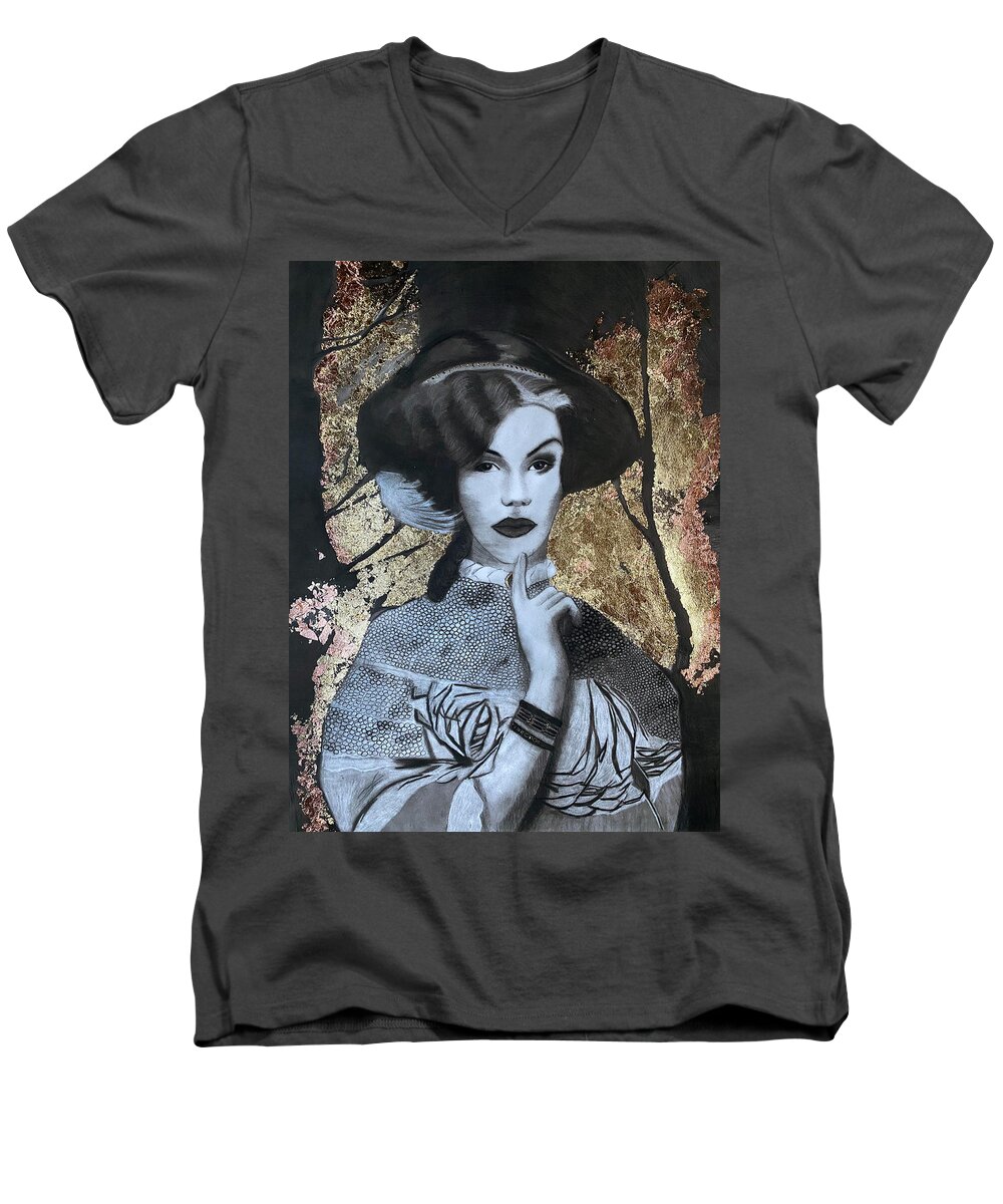 Vintage Portrait Men's V-Neck T-Shirt featuring the drawing Lydia by Nadija Armusik