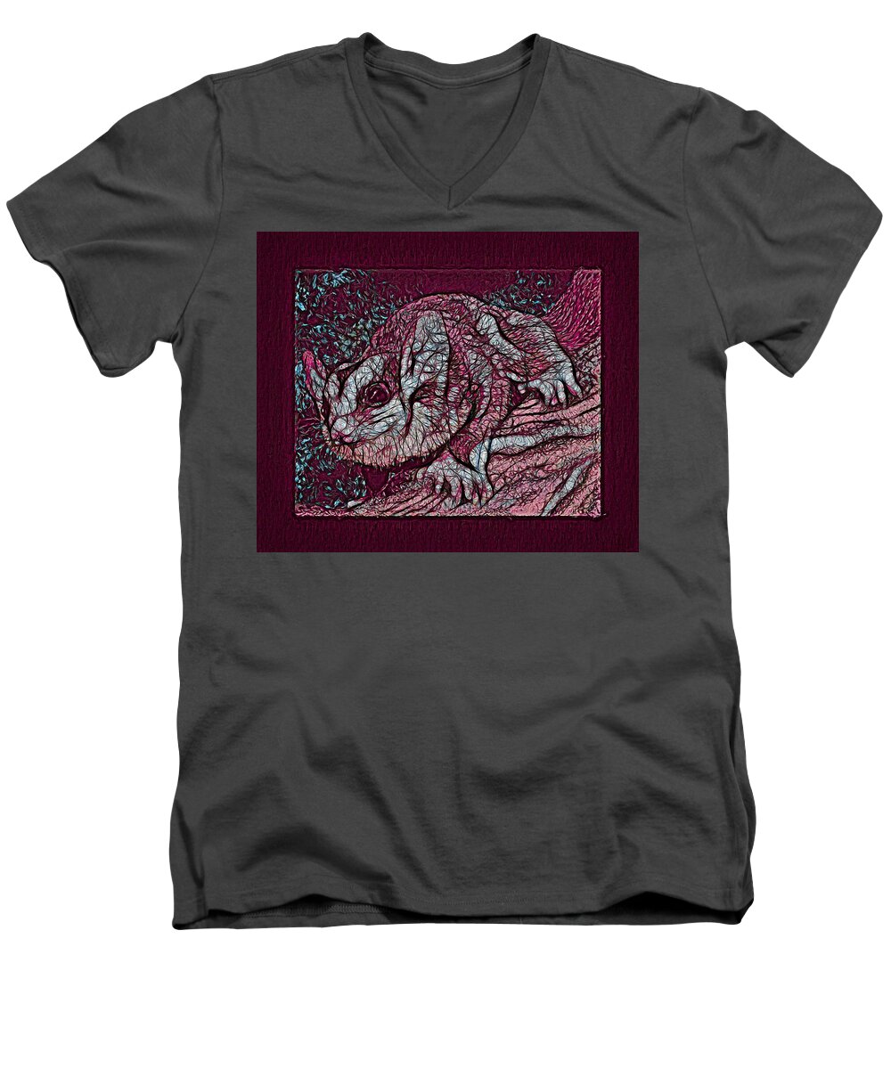 Mahogany Glider Men's V-Neck T-Shirt featuring the drawing Mahogany Glider Textured Maroon Pink Blue by Joan Stratton