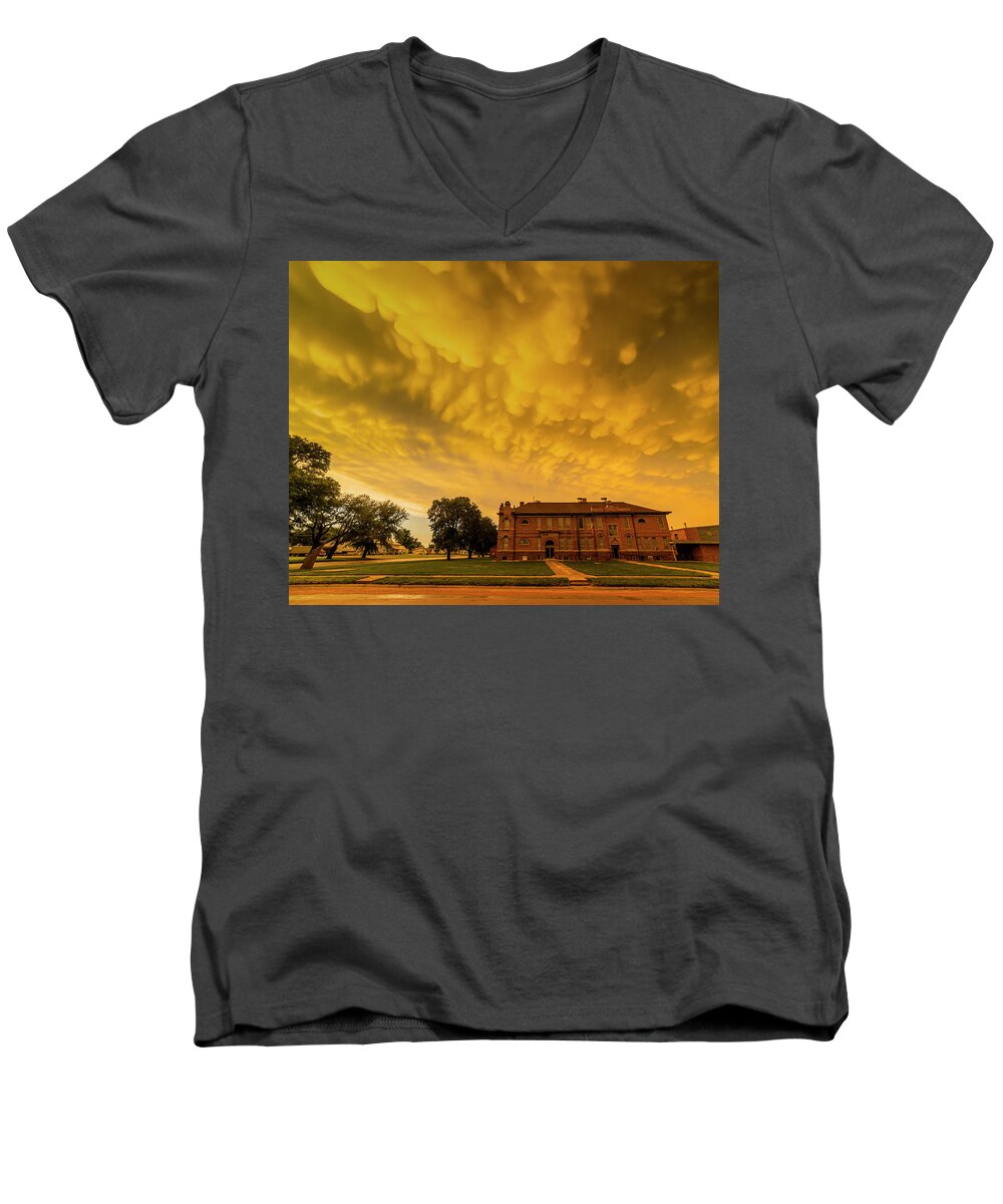 Clouds Men's V-Neck T-Shirt featuring the photograph Mammatus Clouds over Chester School Building by Art Whitton