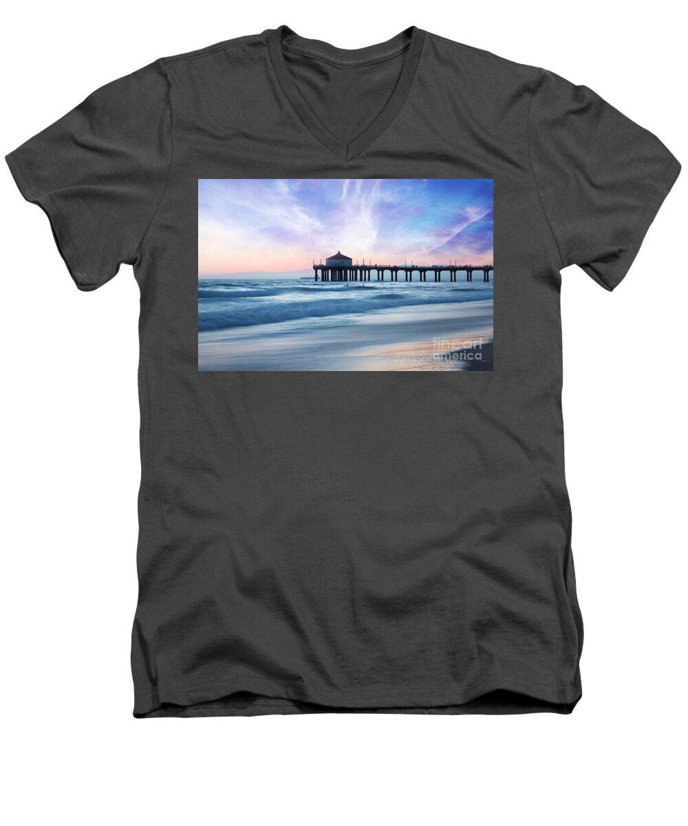 Sunset Men's V-Neck T-Shirt featuring the photograph Manhattan Beach Pier at dusk by Stella Levi