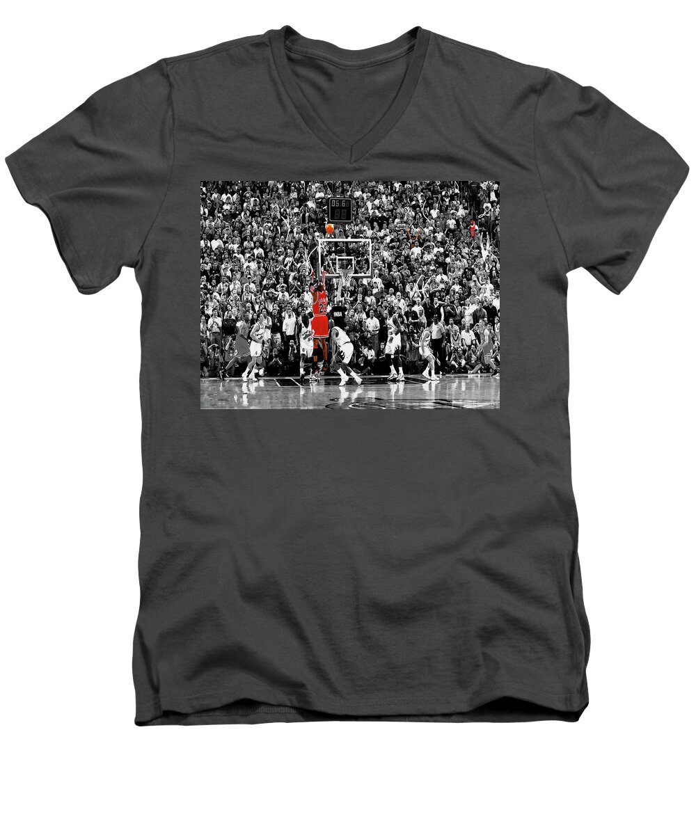 Michael Jordan Men's V-Neck T-Shirt featuring the mixed media Michael Jordan The Last Shot 1a by Brian Reaves