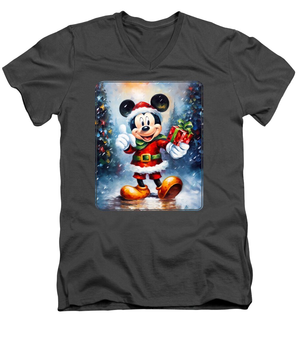 Mickey Mouse Men's V-Neck T-Shirt featuring the painting Mickey Mouse Santa Claus by Mark Ashkenazi