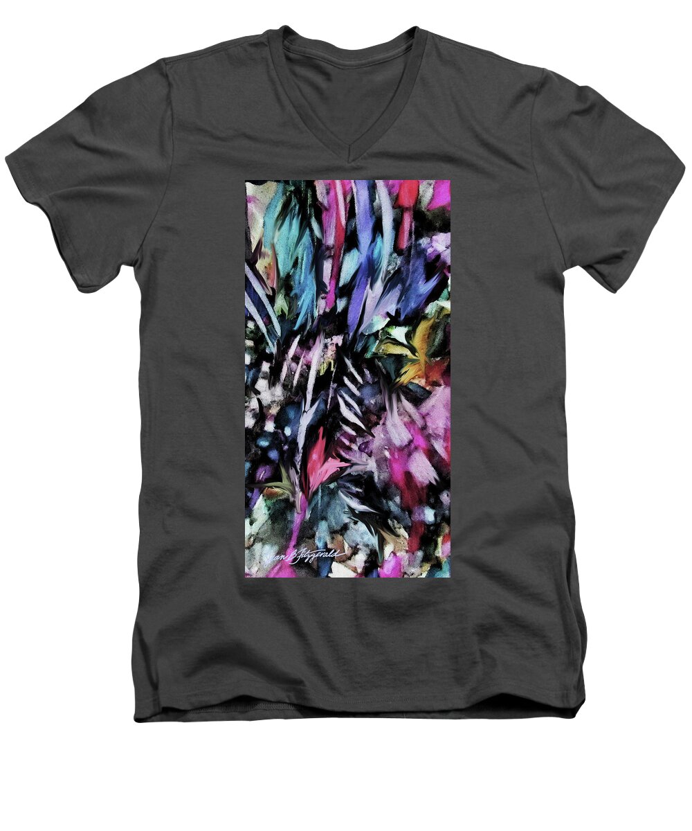 Abstract Men's V-Neck T-Shirt featuring the mixed media Midnight Garden by Jean Batzell Fitzgerald
