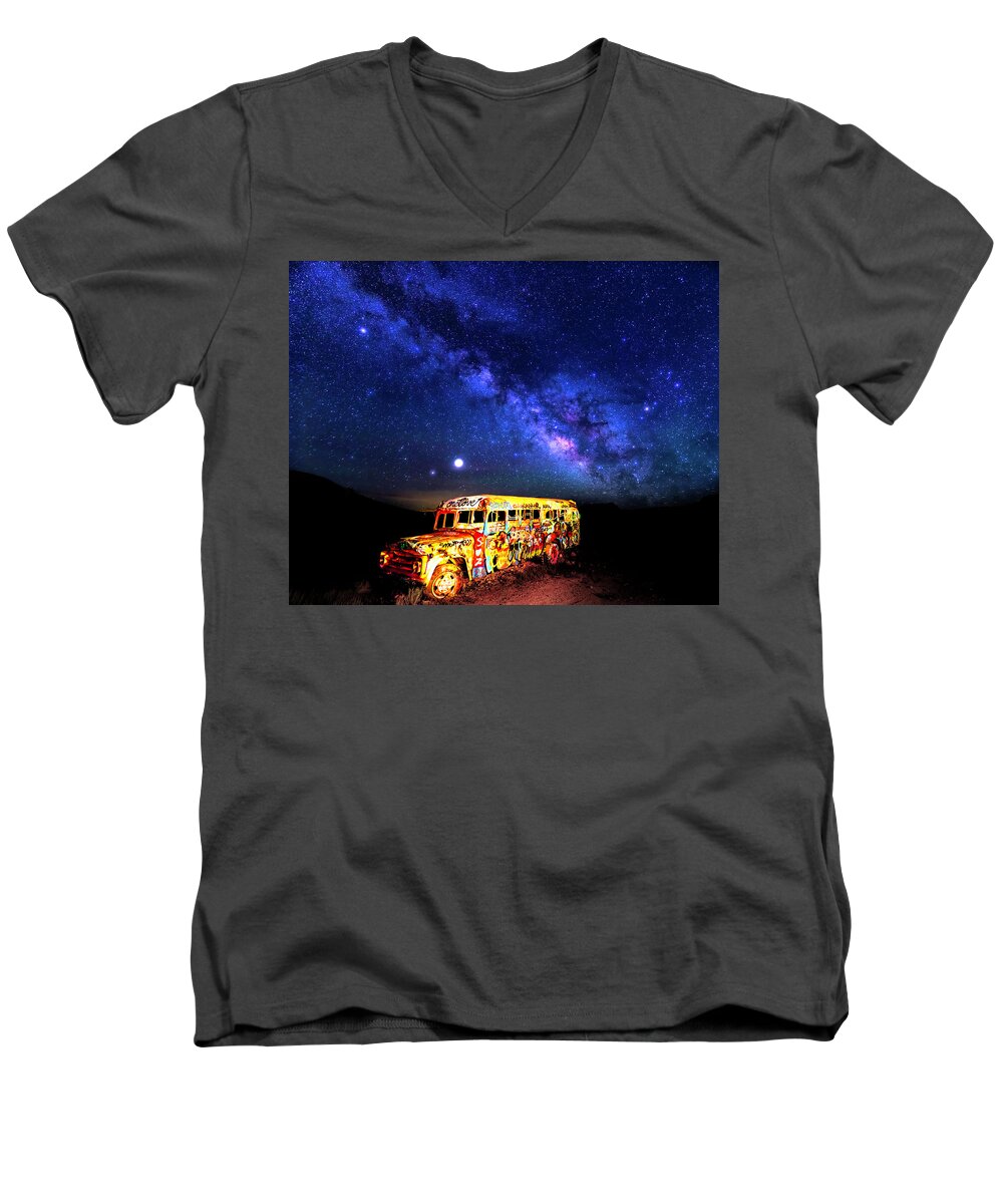 America Men's V-Neck T-Shirt featuring the photograph Milky Way Over Mojave Graffiti Art 2 by James Sage