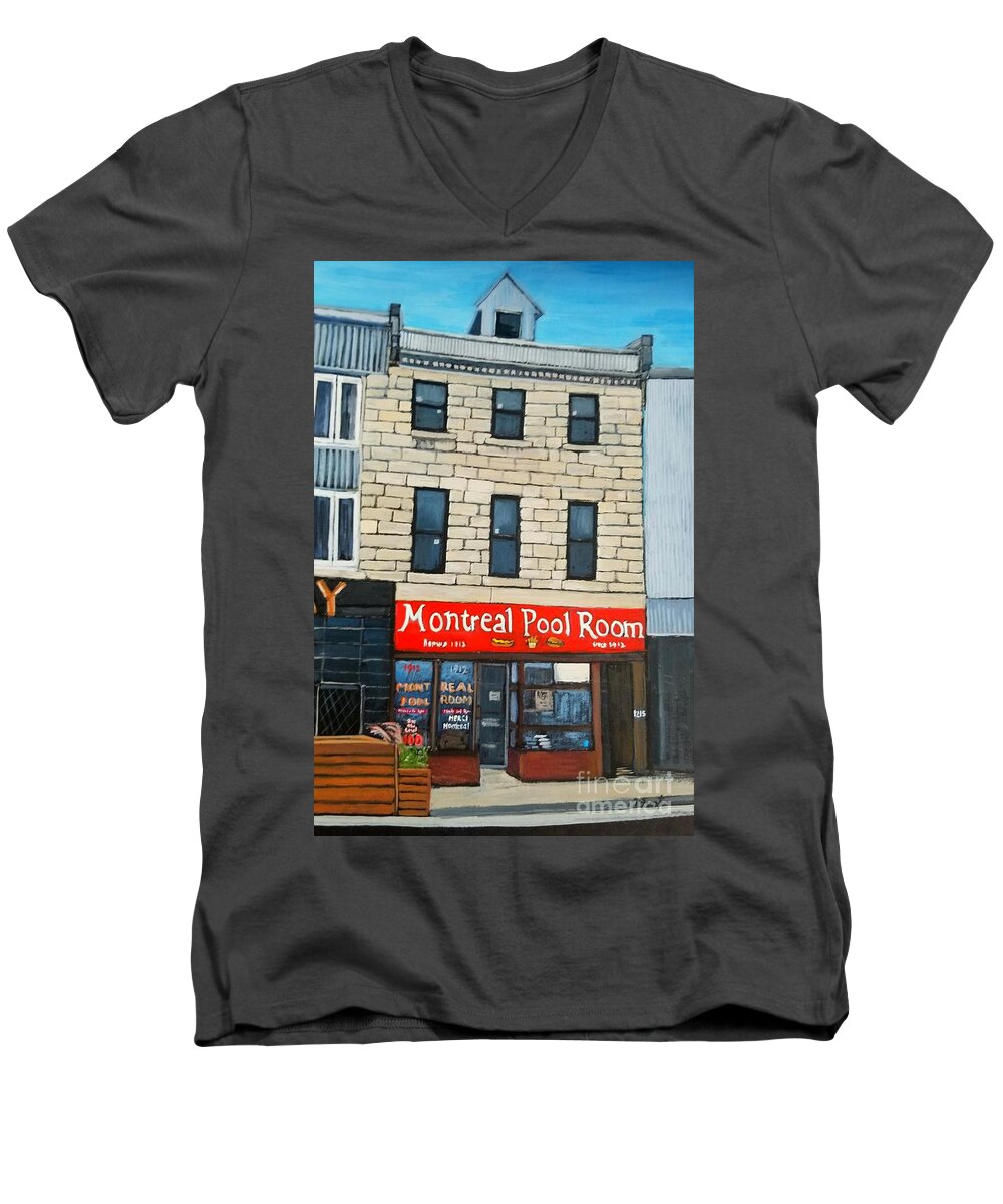 Montreal Art Men's V-Neck T-Shirt featuring the painting Montreal Pool Room by Reb Frost