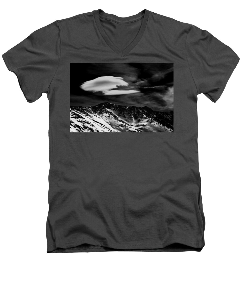 Wayne Men's V-Neck T-Shirt featuring the photograph Moon over Loveland Monochrome by Wayne King