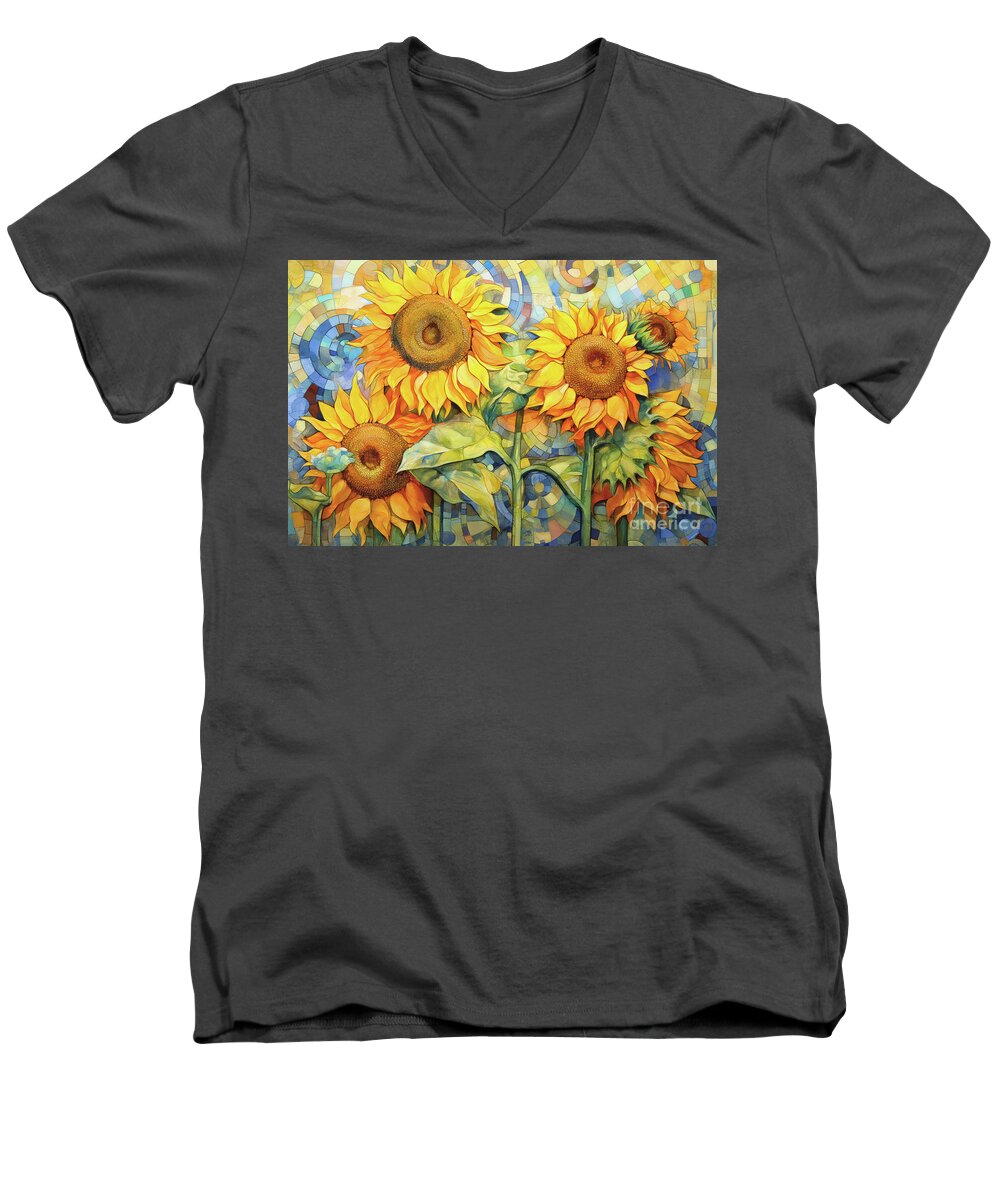 Sunflowers Men's V-Neck T-Shirt featuring the painting Morning Glory Sunflowers by Tina LeCour