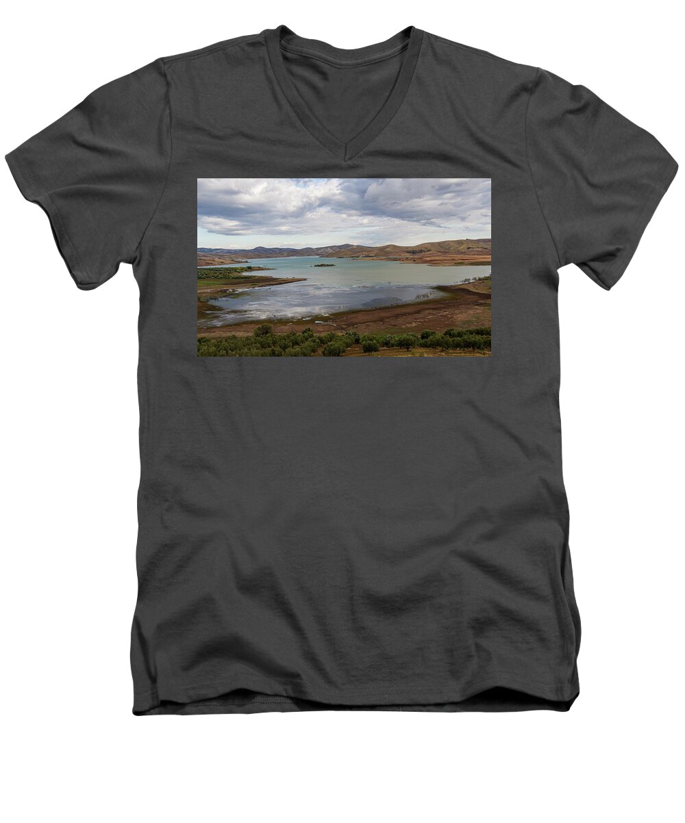 Morocco Men's V-Neck T-Shirt featuring the photograph Moroccan Lake and Mountains by Edward Shmunes