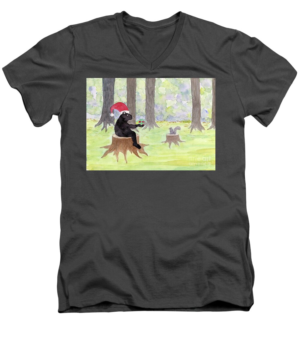 Bear Men's V-Neck T-Shirt featuring the painting Mountain Christmas by Anne Marie Brown