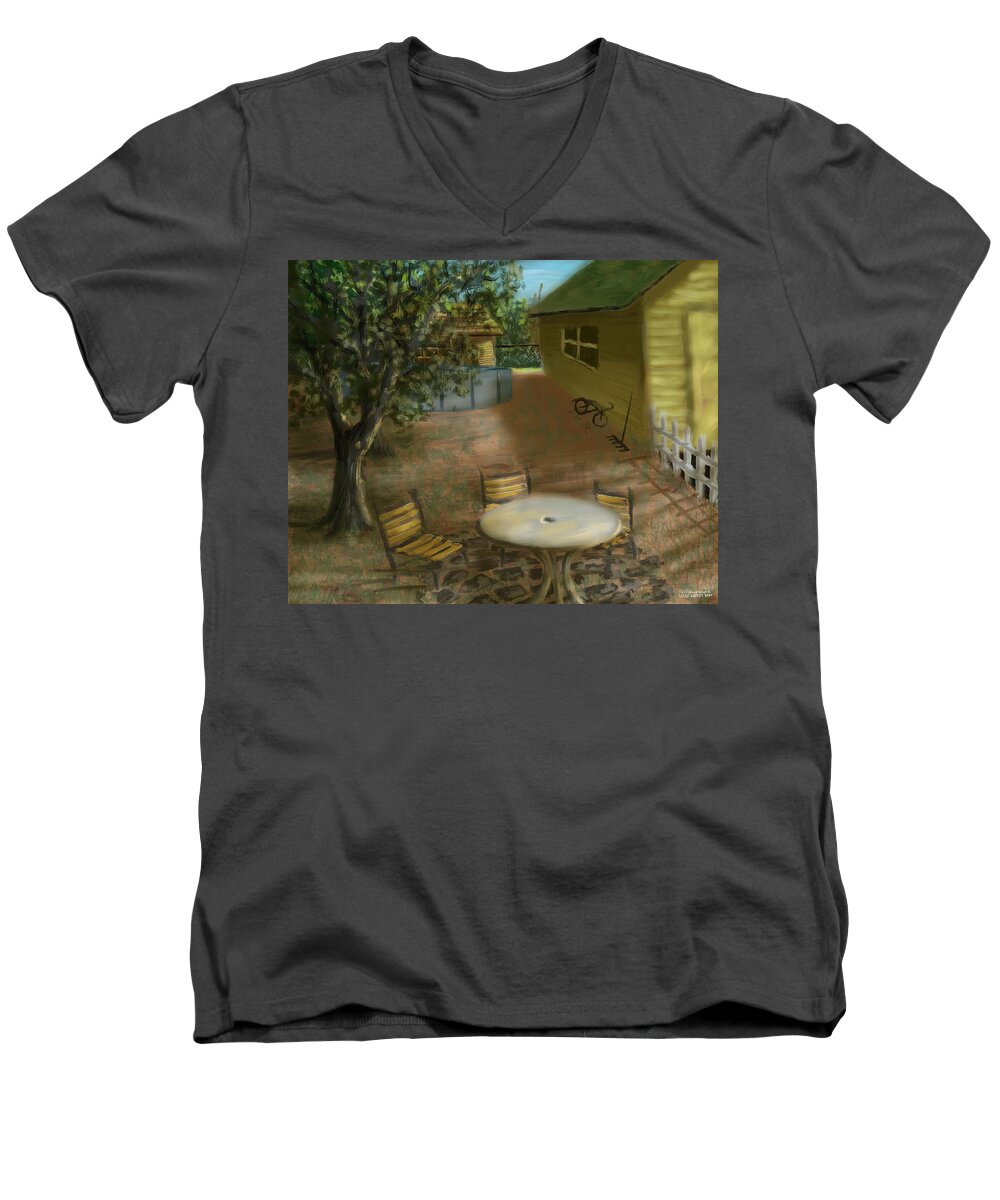 Painting Men's V-Neck T-Shirt featuring the digital art My Childhood Backyard by Larry Whitler