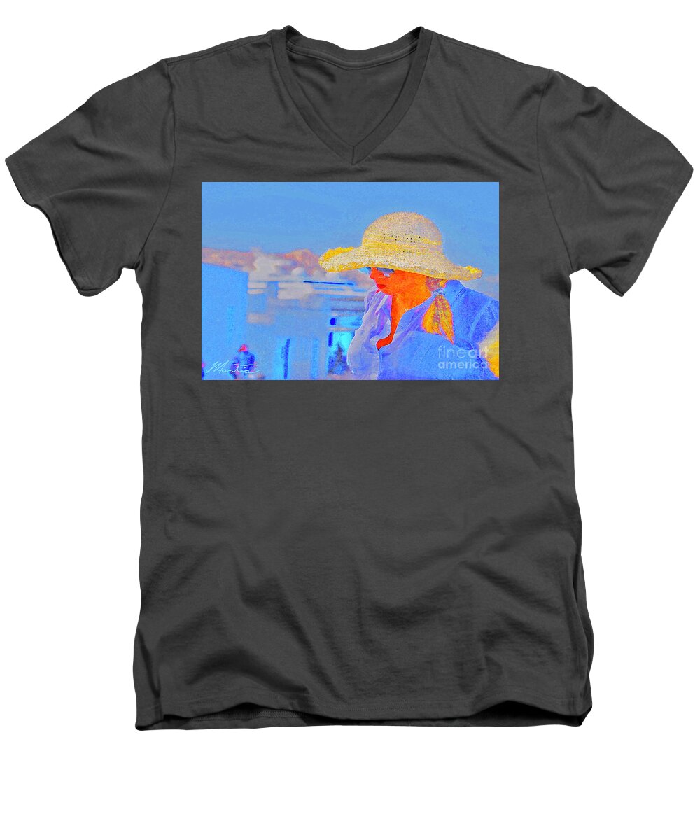 Sea Side Men's V-Neck T-Shirt featuring the digital art Mykonos Lady by Art Mantia