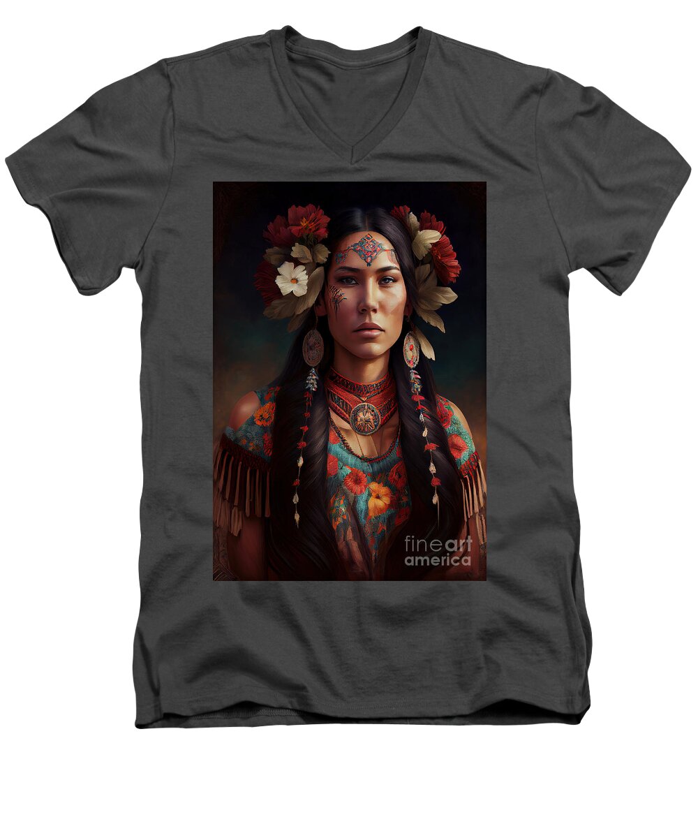 Native American Indian Men's V-Neck T-Shirt featuring the digital art Native American Indian Series 113022-c by Carlos Diaz