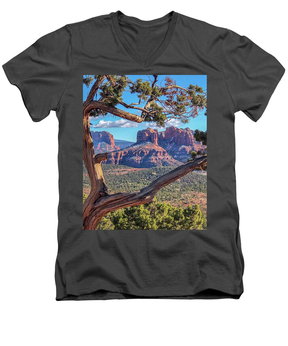 Arizona Men's V-Neck T-Shirt featuring the photograph Naturally Framed - Cathedral Rock Sedona, Arizona by Teresa Wilson