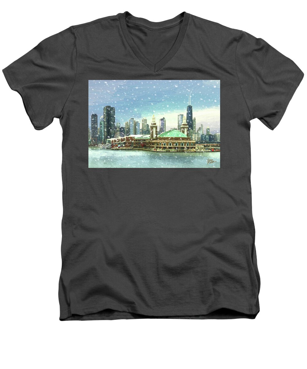 Navy Pier Winter Snow By Doug Kreuger Men's V-Neck T-Shirt featuring the painting Navy Pier Winter Snow by Doug Kreuger