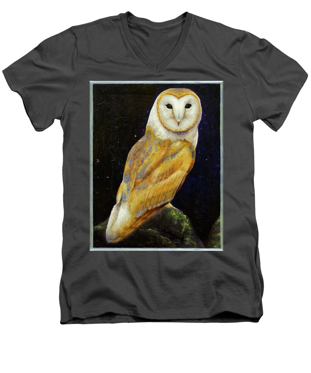 Native American Men's V-Neck T-Shirt featuring the painting Night Eyes by Kevin Chasing Wolf Hutchins