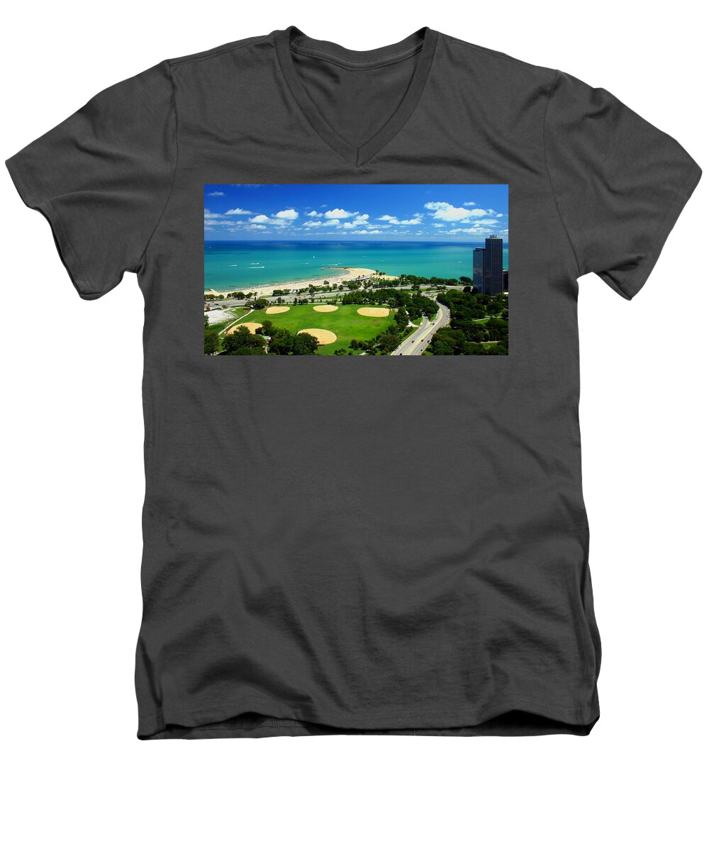 Cityscape Men's V-Neck T-Shirt featuring the photograph North Avenue Beach Lakefront Lincoln Park Baseball Fields Aerial by Patrick Malon