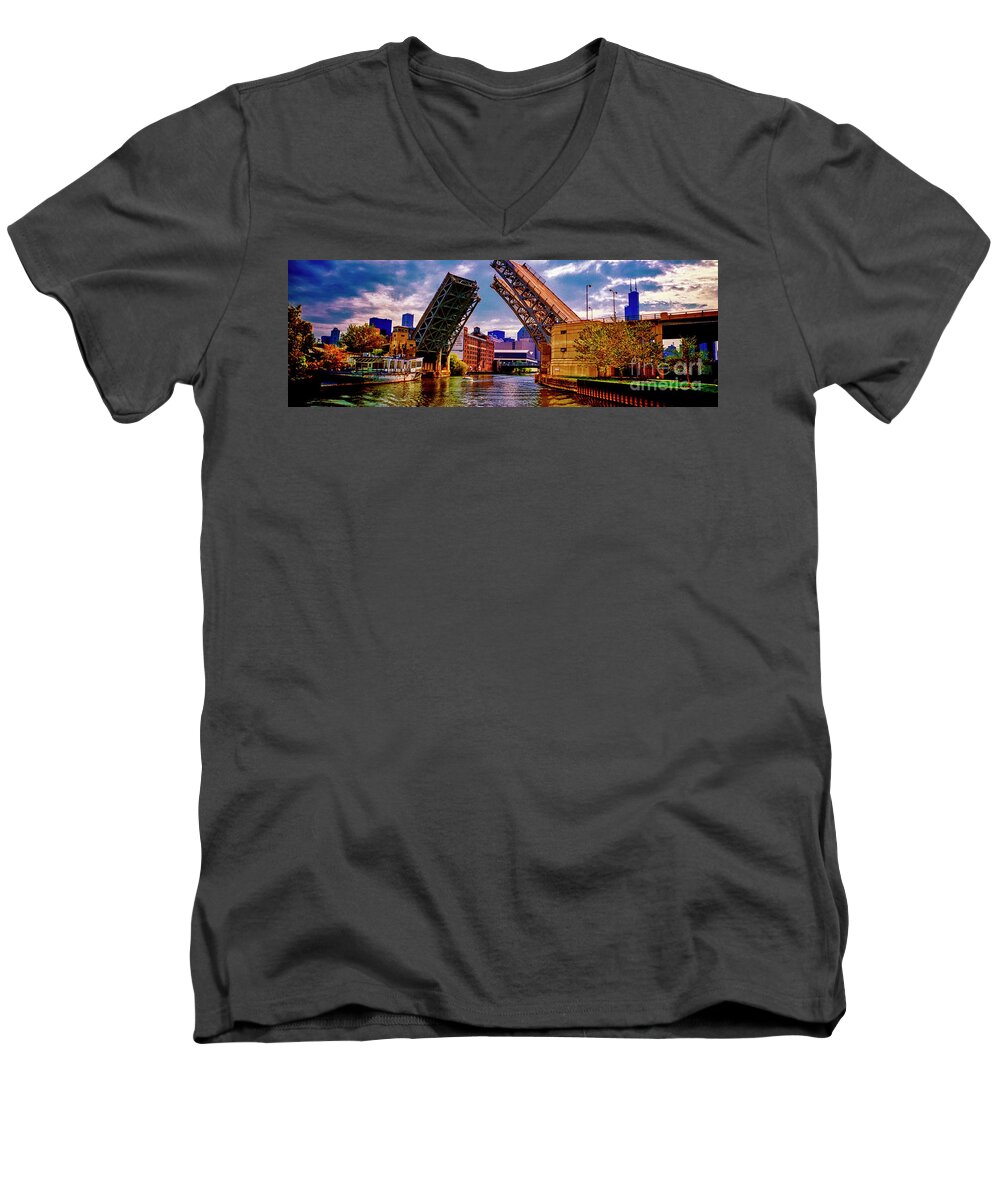 North Branch Men's V-Neck T-Shirt featuring the photograph North Branch Chicago River River Draw Bridge opening Kennedy fee by Tom Jelen