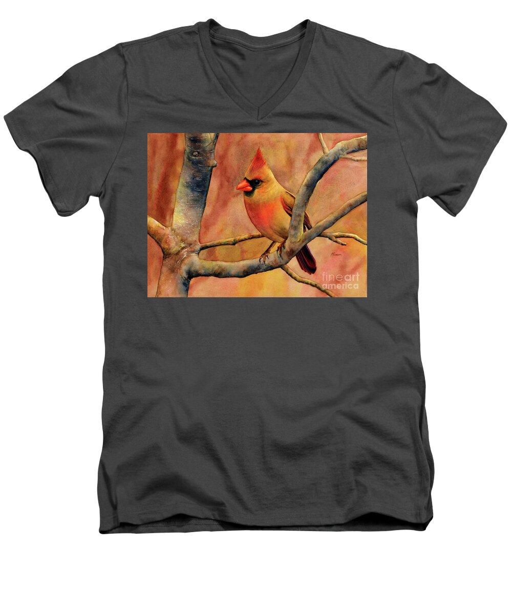 Cardinal Men's V-Neck T-Shirt featuring the painting Northern Cardinal II by Hailey E Herrera