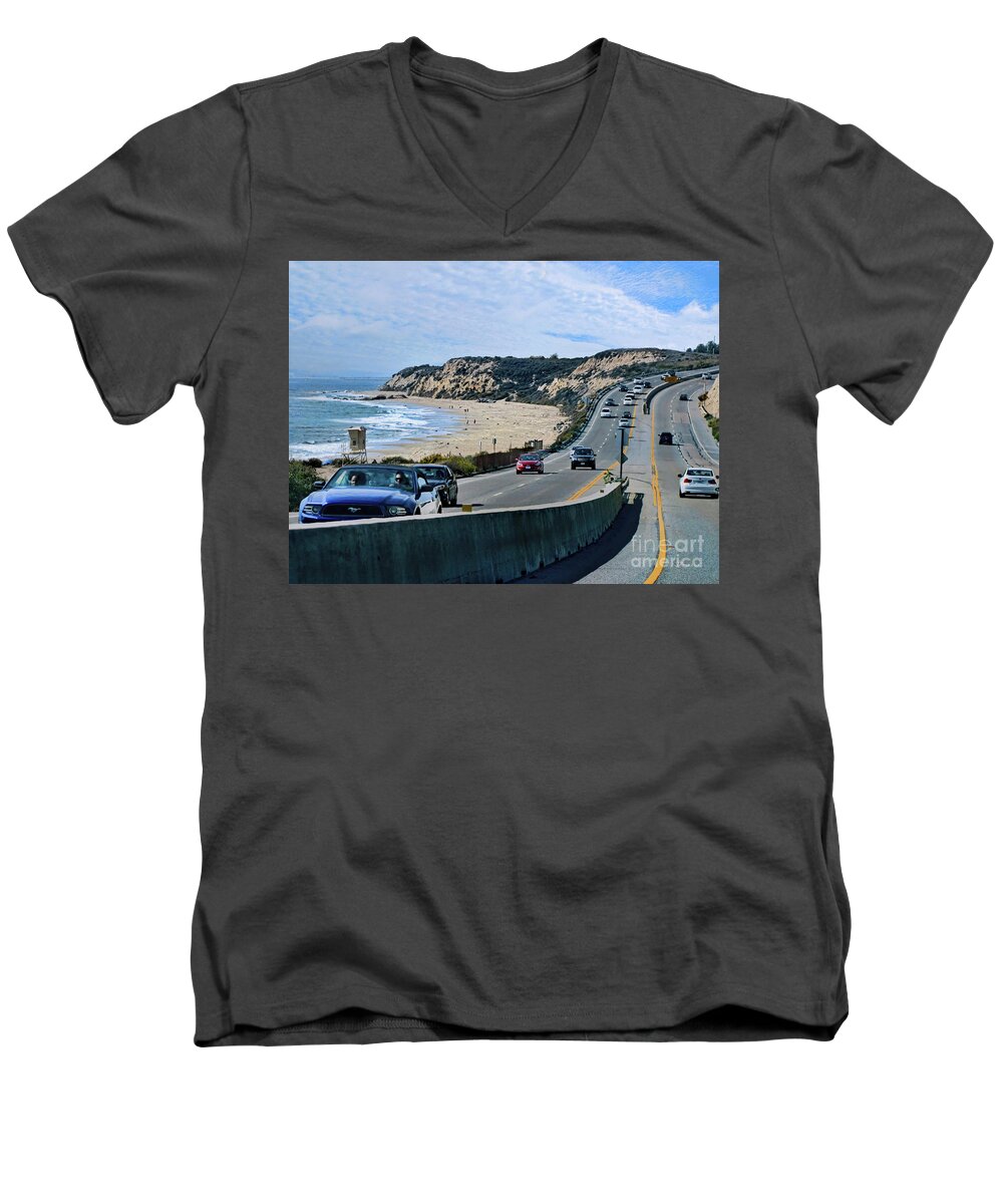 Beach Men's V-Neck T-Shirt featuring the photograph Oc On Pch In Ca by Jennie Breeze