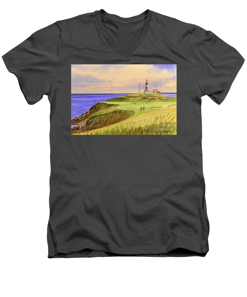 Old Head Golf Course Men's V-Neck T-Shirt featuring the painting Old Head Golf Course Ireland Hole 4 by Bill Holkham