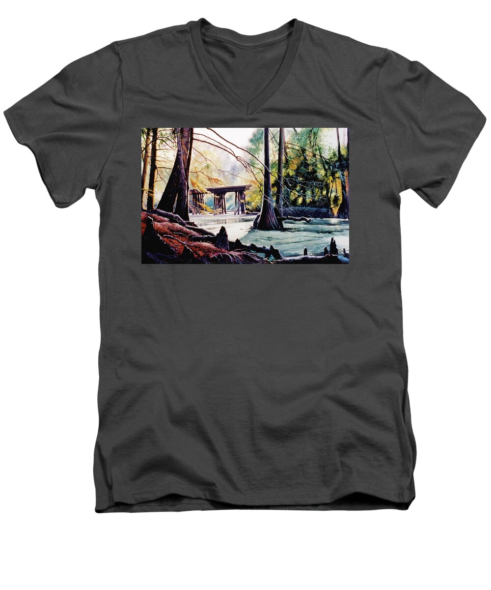 Bridge Men's V-Neck T-Shirt featuring the painting Old Railroad Bridge by Randy Welborn